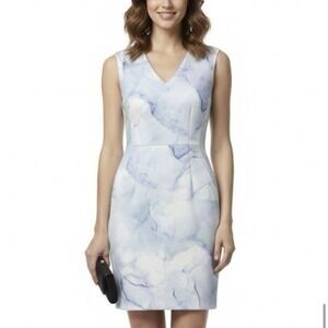 Sleeveless Marble-Print Sheath Dress - Light Blue